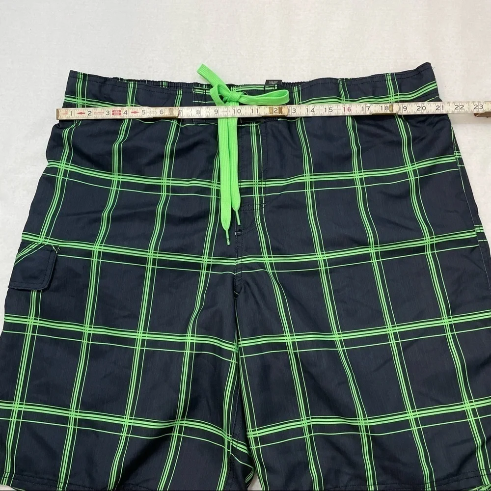 OP lined swim trunks black & green plaid side pocket flat front elastic back XL